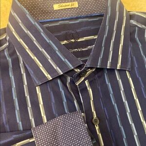 Bugatchi Uomo Men’s Blue Long Sleeve Dress Shirt w/Subtle Patterned Accents XXL